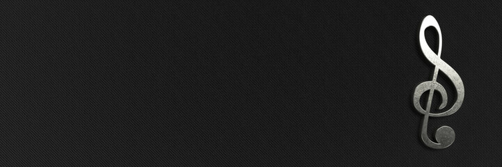 3d  elegant silver music clef on black background, banner. 3d render illustration.