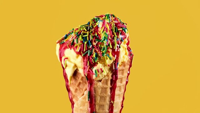 Ice cream of various colors changing at yellow background. Stop motion of ice cream. Sweet desserts. Food concept. Colorful ice cream. 4K, UHD