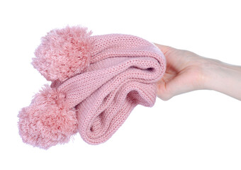 Pink scarf in hand on white background isolation