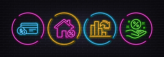 Decreasing graph, Loan house and Payment method minimal line icons. Neon laser 3d lights. Loan percent icons. For web, application, printing. Vector