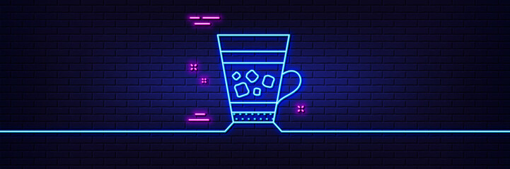 Neon light glow effect. Frappe coffee icon. Cold drink sign. Beverage symbol. 3d line neon glow icon. Brick wall banner. Frappe outline. Vector