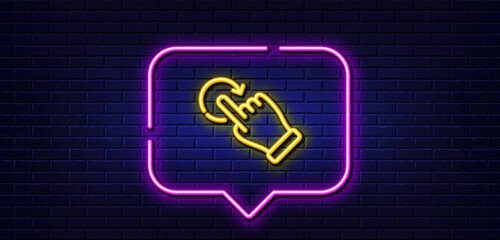 Neon light speech bubble. Rotation gesture line icon. Slide arrow sign. Swipe action symbol. Neon light background. Rotation gesture glow line. Brick wall banner. Vector