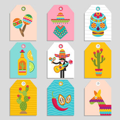 Mexican cards. authentic design tags with mexican symbols. Vector prints templates
