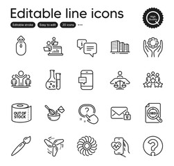 Set of Business outline icons. Contains icons as Teamwork, Cooking whisk and Winner elements. Court judge, Swipe up, Fan engine web signs. Info, Question mark, Business meeting elements. Vector