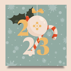 Christmas and New Year 2023 greeting card template with christmas balls and cane. Vector illustration concepts for graphic and web design, social media banner, marketing material.