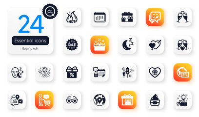 Set of Holidays flat icons. Web photo, Ice cream and Discount offer elements for web application. Journey, Hot sale, Yummy smile icons. Champagne glasses, Sleep, Romantic gift elements. Vector