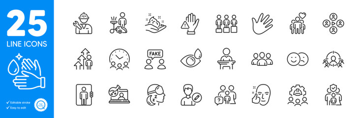 Outline icons set. Engineering team, Video conference and Meeting time icons. Online chemistry, Employee result, Cleaning web elements. Election candidate, Wash hands, Family insurance signs. Vector