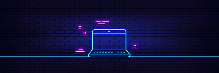 Neon light glow effect. Laptop computer icon. Notebook sign. Portable personal computer symbol. 3d line neon glow icon. Brick wall banner. Notebook outline. Vector