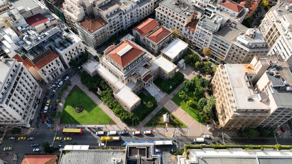 Aerial drone photo of old Parliament building used now for National Historical museum of Athens in Stadiou and Kolokotroni streets, Attica, Greece