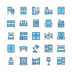 Furniture line icons. Blue color. Vector line icons set