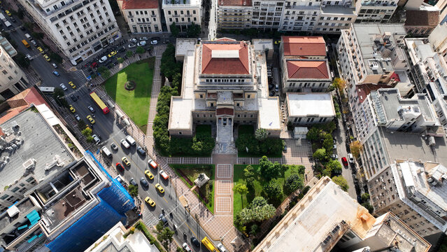 Aerial drone photo of old Parliament building used now for National Historical museum of Athens in Stadiou and Kolokotroni streets, Attica, Greece
