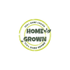 Home grown and natural products sticker, label, badge and logo with grunge texture. Ecology icon. Logo template with green leaves for home grown and natural products. Vector illustration