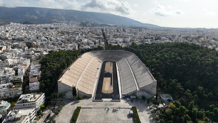 Aerial drone photo of iconic ancient Panathenaic stadium or Kalimarmaro, Athens historic centre,...