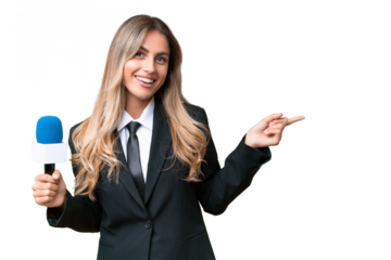 Young pretty Uruguayan tv presenter over isolated background pointing finger to the side