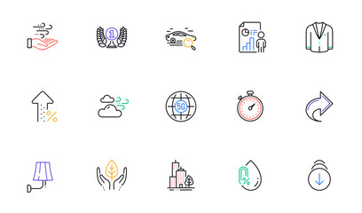 5g internet, Business report and No alcohol line icons for website, printing. Collection of Fair trade, Windy weather, Laureate award icons. Wall lamp, Scroll down, Wind energy web elements. Vector