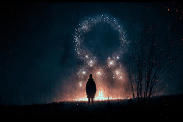 a man stands with his back to us and looks at the fireworks and sparks in the night sky, a generative ai fantasy illustration