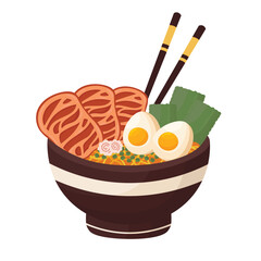 Doodle clipart. A bowl of delicious ramen, Asian traditional food. All objects are repainted.