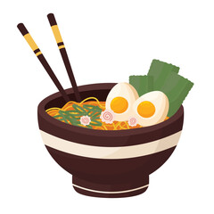 Doodle clipart. A bowl of delicious ramen, Asian traditional food. All objects are repainted.