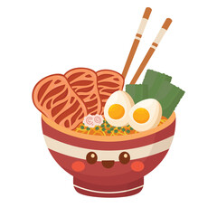 Doodle clipart. A bowl of delicious ramen, Asian traditional food. All objects are repainted.