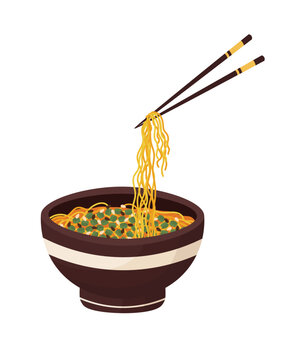 Doodle flat clipart. A bowl of noodles with Chinese chopsticks. All objects are repainted.