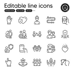 Set of People outline icons. Contains icons as Electronic thermometer, Women headhunting and Vip table elements. Life insurance, Fair trade, Security agency web signs. Heart. Vector