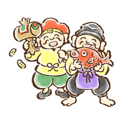 鯛と打ち出の小槌を持ってこちらを見上げる恵比寿天と大黒天の手描きイラスト