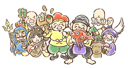 Obraz premium 縁起物を持って集合した七福神の手描きイラスト
