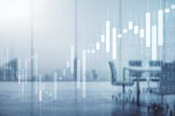 Multi exposure of virtual abstract financial graph interface on a modern coworking room background, financial and trading concept