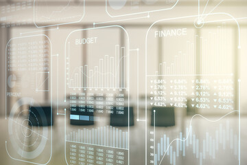 Multi exposure of abstract statistics data hologram interface on a modern furnished office interior background, computing and analytics concept