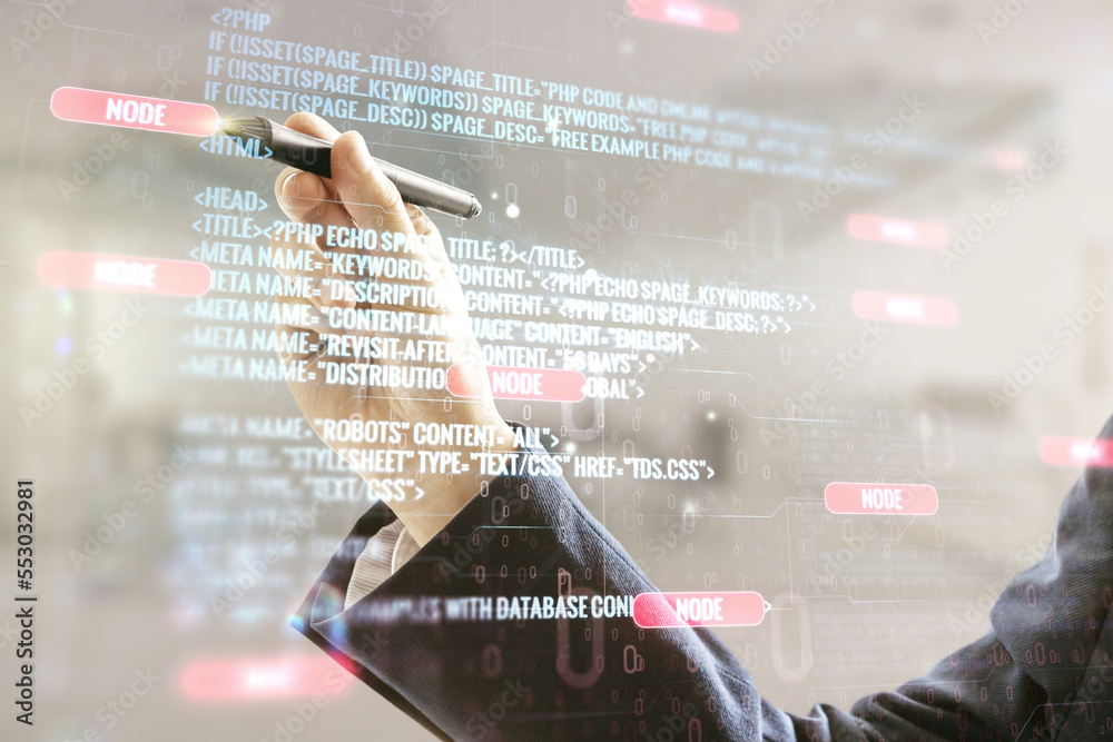 Poster Double exposure of programmer's hand with pen working with abstract creative programming illustration on blurred office background, big data and blockchain concept