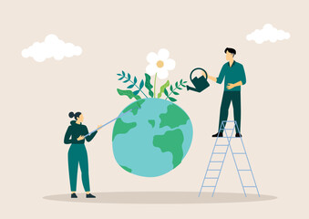 Sustainable economic growth strategy, recourses reuse reduce co2 emission climate impact. ESG, green energy industry. Vector illustration. Environmental protection.
