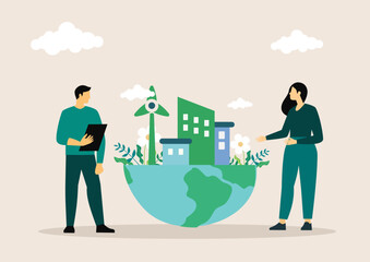 Sustainable economic growth strategy, recourses reuse reduce co2 emission climate impact. ESG, green energy industry. Vector illustration. Environmental protection.