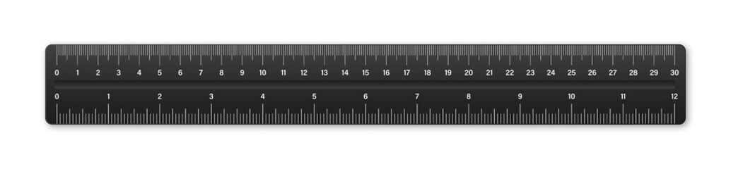 Realistic plastic ruler with measurement scale and divisions, measure marks. School ruler, centimeter and inch scale for length measuring. Office supplies. Vector illustration