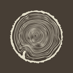Fototapeta premium Round tree trunk cut, sawn pine or oak slice. Saw cut timber, wood. Brown wooden texture with tree rings. Hand drawn sketch. Vector illustration