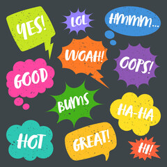 Colorful grunge comic speech bubbles with handwritten text. Hand drawn retro cartoon stickers. Chatting, message box. Vector illustration