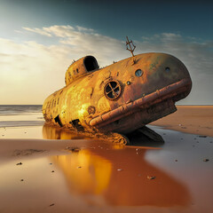 Rusting nuclear submarine laying on its side on a beach