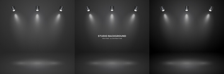 Naklejka premium Empty black studio abstract backgrounds with spotlight effect. Product showcase backdrop. Stage lighting. Vector illustration