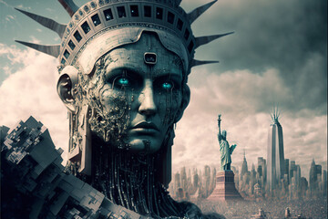 distopic statue of liberty city - obrazy, fototapety, plakaty
