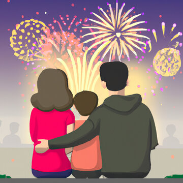 Young Family watching fireworks on New Year's Eve