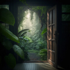 an open door in the forest. into the jungle