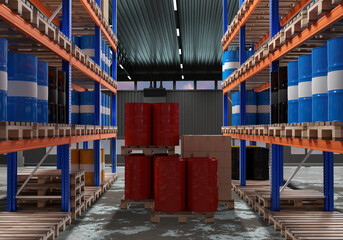 Racks with barrels inside warehouse. Storage chemical products. Barrels of different colors for oil products. Fuel depot without people. Factory warehouse interior. Fuel company warehouse. 3d image