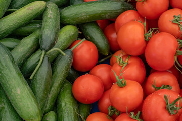 tomatoes, cucumbers in the store. Top view. High quality photo