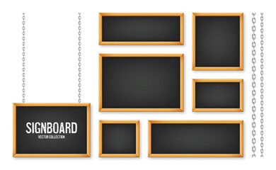 Signboards in a wooden frame hanging on a metal chain. Restaurant menu board. School chalkboard, writing surface for text or drawing. Blank advertising or presentation boards. Vector illustration