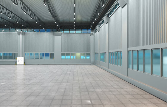 Industrial architecture. Empty factory building. Factory interior without equipment. Industrial hangar concrete floor. Electrical cabinet near wall hangar. Industrial background. 3d image