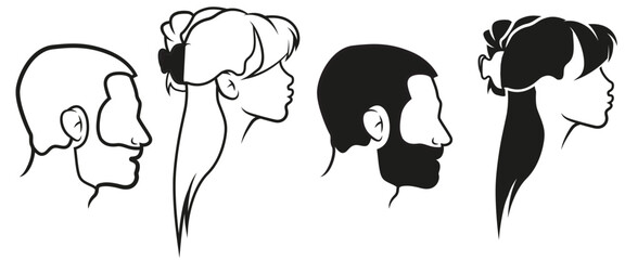 Vector minimal logo icon of man and woman, man head woman head, hair, hairstyle - side - Barbershop logo