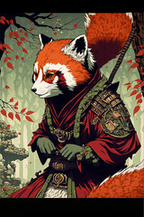 Illustration of red panda in Japanese ink style 