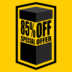 Vector illustration of black open box with lettering saying "85% off special offer", design for 85% discount, with yellow background.