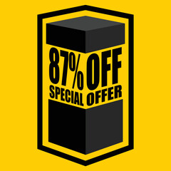 Vector illustration of black open box with lettering saying "87% off special offer", design for 87% discount, with yellow background.