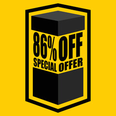 Vector illustration of black open box with lettering saying "86% off special offer", design for 86% discount, with yellow background.