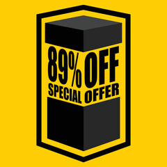 Vector illustration of black open box with lettering saying "89% off special offer", design for 89% discount, with yellow background.